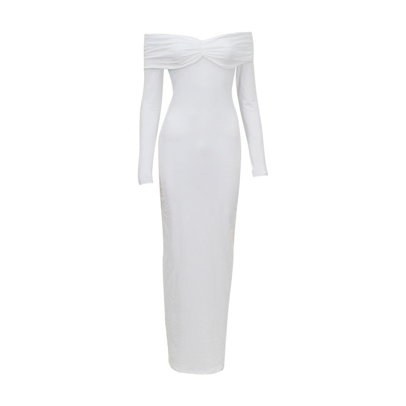 Solid Color Sexy French off Shoulder Tube Top Long Sleeve Autumn Winter Women’s Pleated Elegant Dress Women