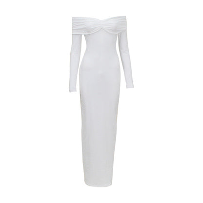 Solid Color Sexy French off Shoulder Tube Top Long Sleeve Autumn Winter Women’s Pleated Elegant Dress Women