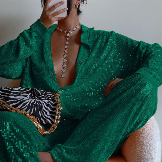 Sequined Long Sleeve Tops Shirt Women V neck Vest Straight Leg Pants Three Piece Set Sexy Spring Summer Party Set