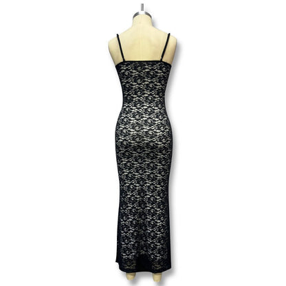 Deep V-Neck Floral Lace Spaghetti Strap Column Maxi Dress