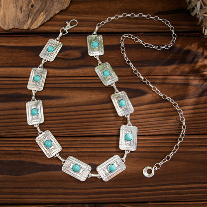 Retro Silver Turquoise Inlaid Waist Chain