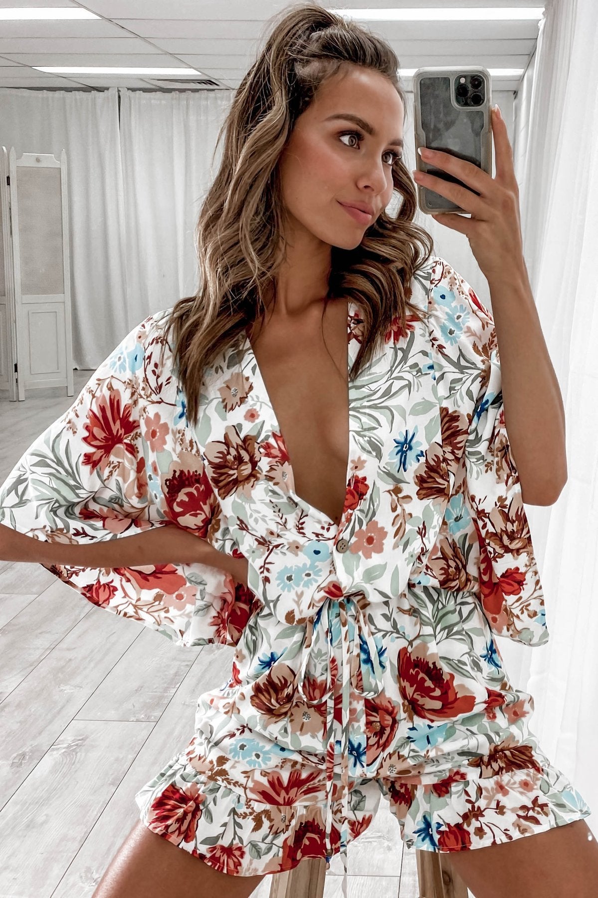 Summer Women Clothing Printed V Neck Ruffled Short Sleeves Loose Casual Jumpsuit