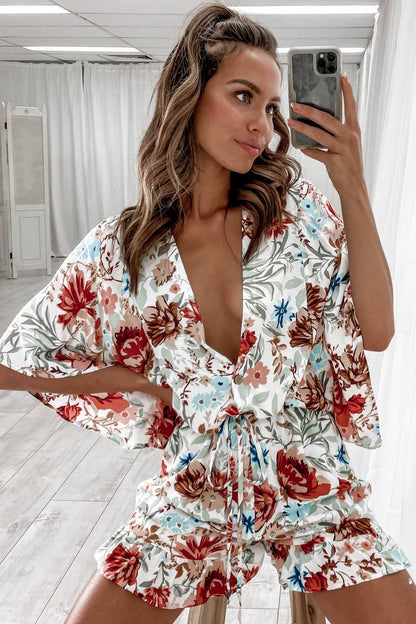 Summer Women Clothing Printed V Neck Ruffled Short Sleeves Loose Casual Jumpsuit