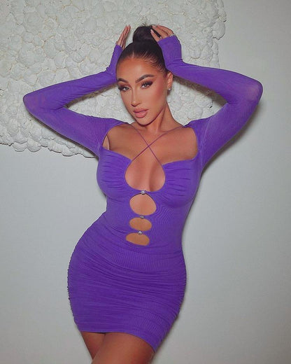 Cold Shoulder Criss Cross Strap Bust Cutout Ruched Rhinestone Button Mini Dress