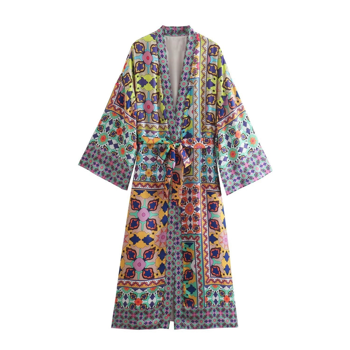 Summer Casual Women Clothing Printed with Belt Printed Kimono Dress