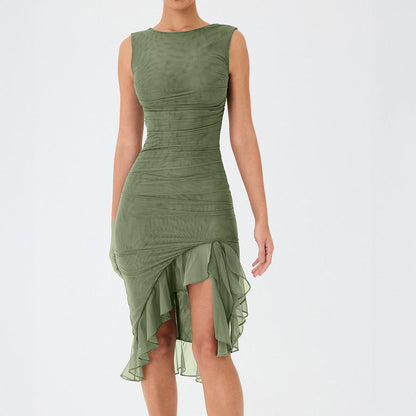 Ruched Mesh Sleeveless Crew Neck Asymmetrical Ruffle Hem Midi Dress
