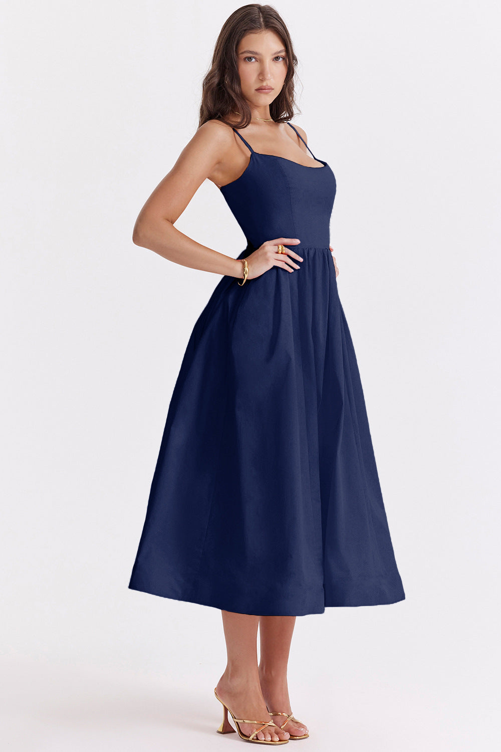 Solid Sexy Backless Spaghetti Strap Swing Prom Dress