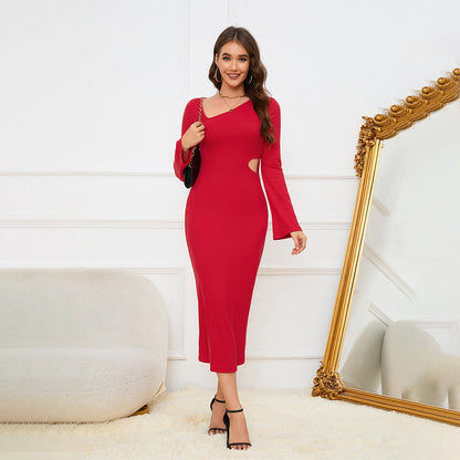 Popular Sunken Stripe Waist Slimming Sense of Design Waist Hollow Out Cutout Sheath Party Dress