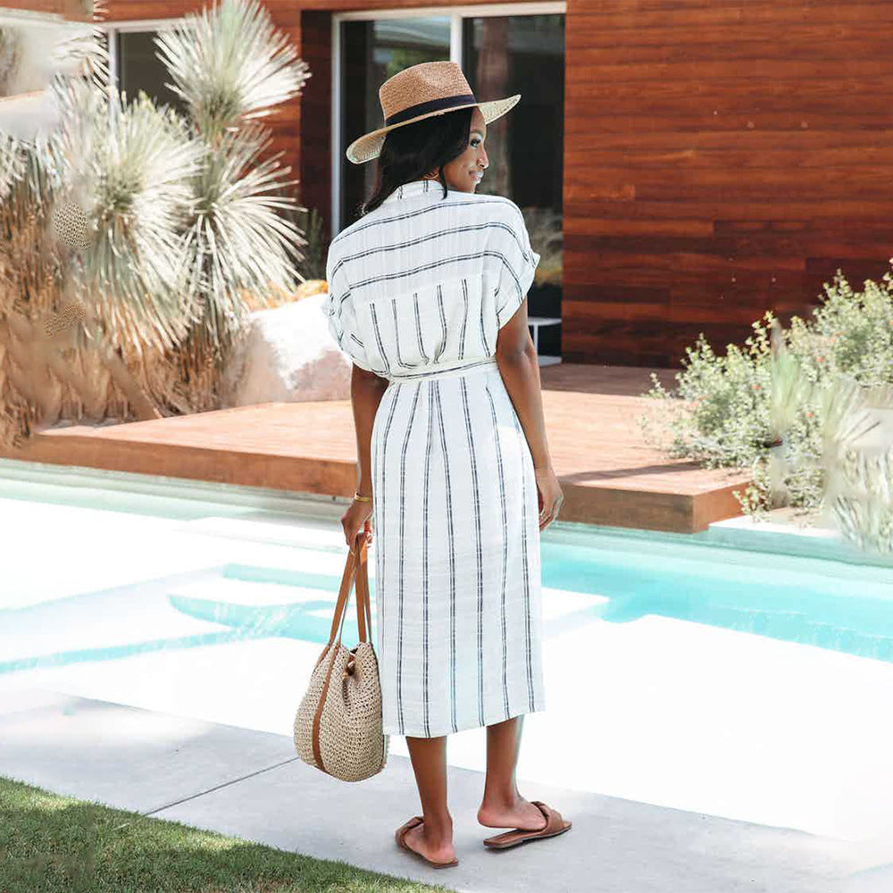 Summer Striped Short-Sleeved Cardigan Single-Breasted Casual Shirtdress Women