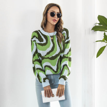 Tie Dyed Brocade Sweater Women Loose Autumn Winter Long-Sleeved Casual Knitwear Sweater