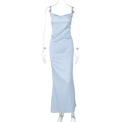 Summer Elegant Solid Color Stitching Tied Tie Waist Long Slim Strap Dress Women Clothing