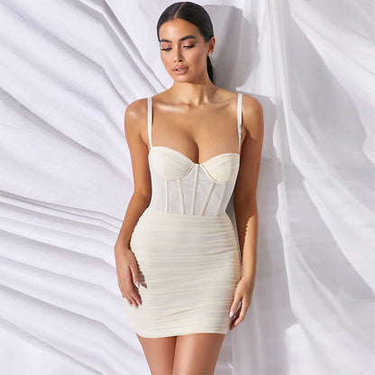 Mesh Panel Corset Sweetheart Spaghetti Strap Ruched Bodycon Mini Dress