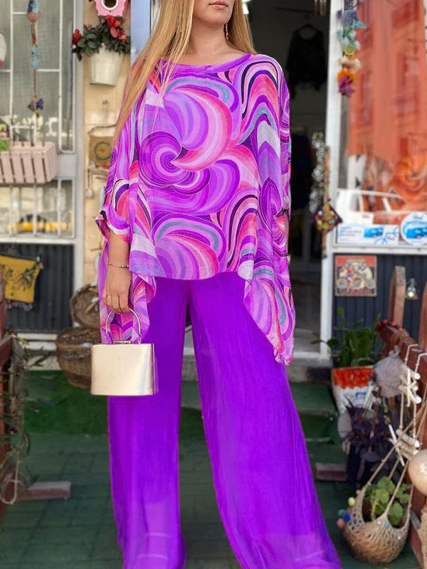 Summer Colorful Chiffon Casual round Neck Printed Two Piece Set Women