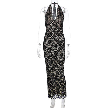Lace Halter Neck Deep V-Neck Scalloped Trim Mermaid Maxi Dress