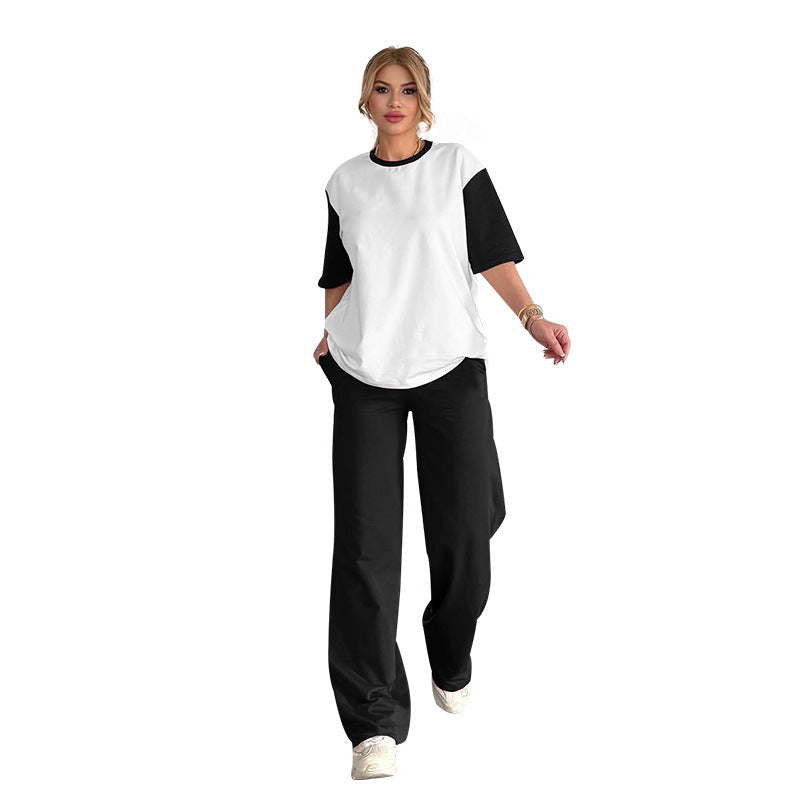 Summer Contrast Color round Neck Short Sleeved T shirt Women Casual Wide Leg Pants Two Piece Sets
