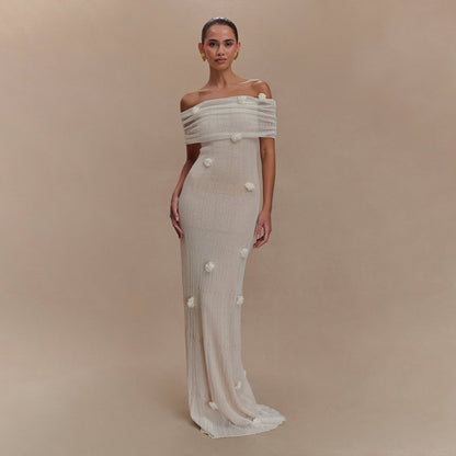 Off Shoulder Rosette Applique Ribbed Plisse Column Maxi Dress
