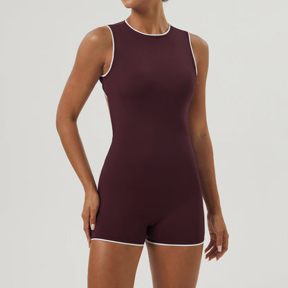 Color Matching Backless Sports One Piece Short Belt Chest Pad Skinny Hip Raise Yoga Clothes Sleeveless Leotard Women