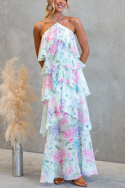 Halter Tie Tiered Ruffle Floral Chiffon Maxi Dress