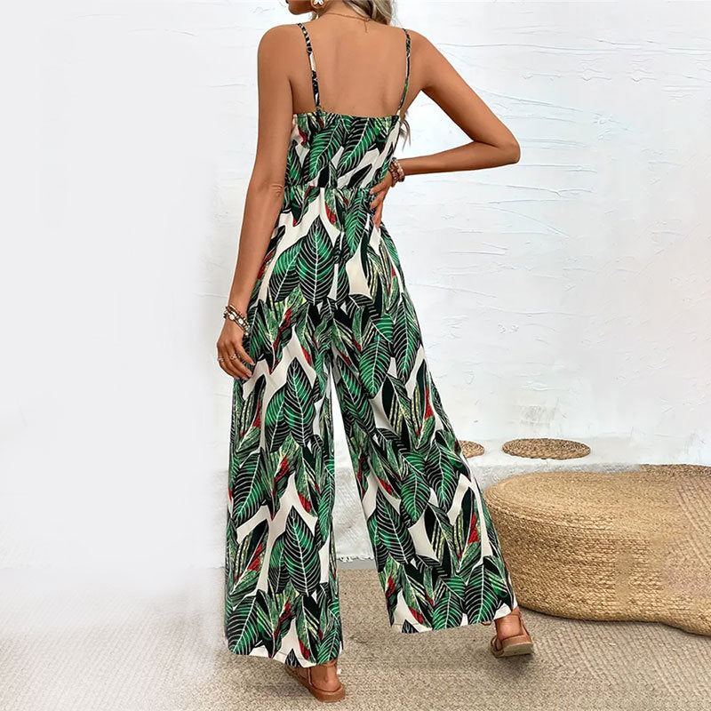 Women Clothing Printed Suspender Wide Leg Pants Draping Effect Trousers Suspender No Belt Jumpsuit Women