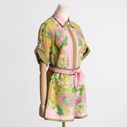Summer Unique Print Design Shirt Top Casual Shorts Suit Women Two Piece Suit