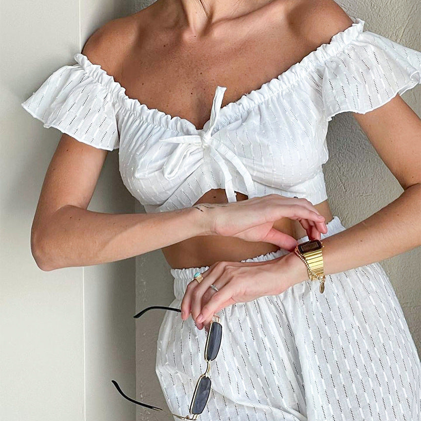 Summer Sexy Pants Set Women Ruffled Stitching Flying Sleeves Jacquard Slit