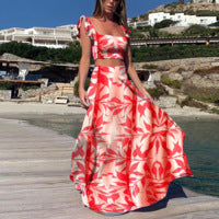 Summer Women Clothing Bohemian Sexy Print Sleeveless Dress Two Piece Set