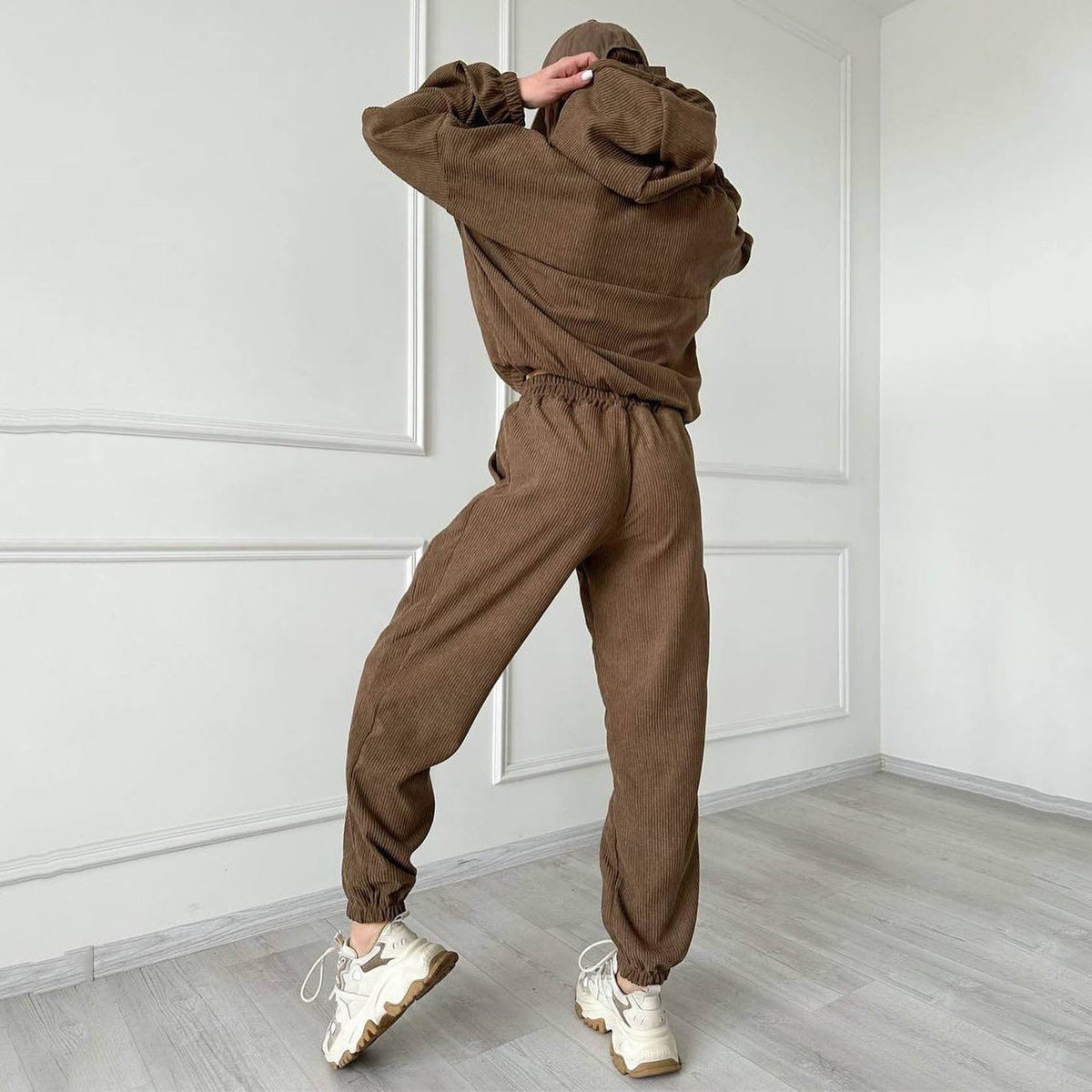 Corduroy Suit Women Sports Casual Autumn Winter Zipper Hooded Sweatshirt Sweatpants Two Piece Set Women