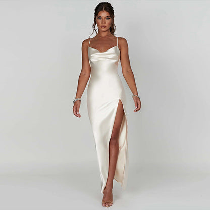 Satin Cowl Neck Spaghetti Strap High Split Backless Slip Maxi Dress