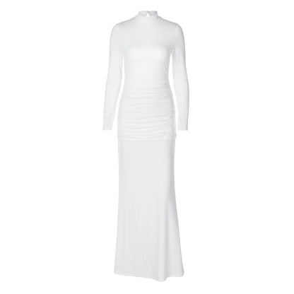 Mock Neck Long Sleeve Ruched Open Back Cut Out Fishtail Maxi Dress