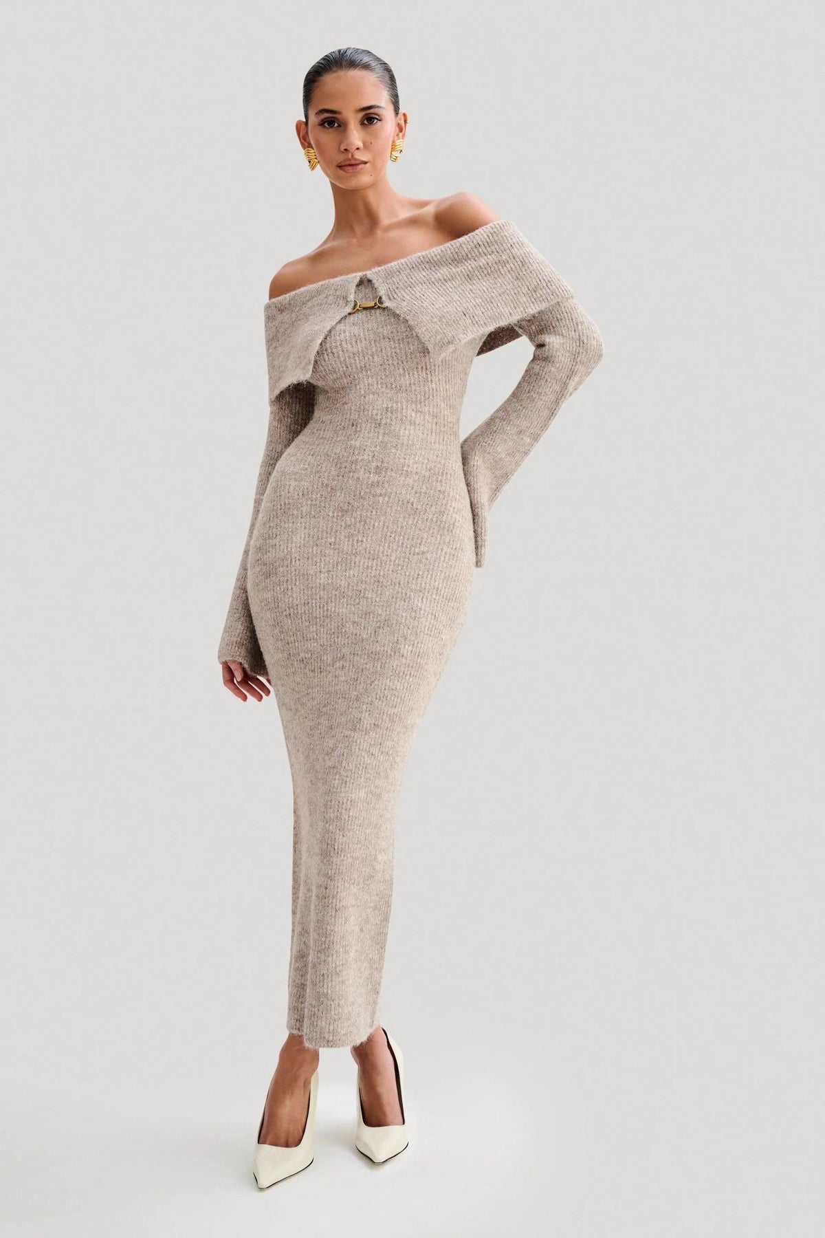 Knit Off Shoulder Fitted Bodycon Dress