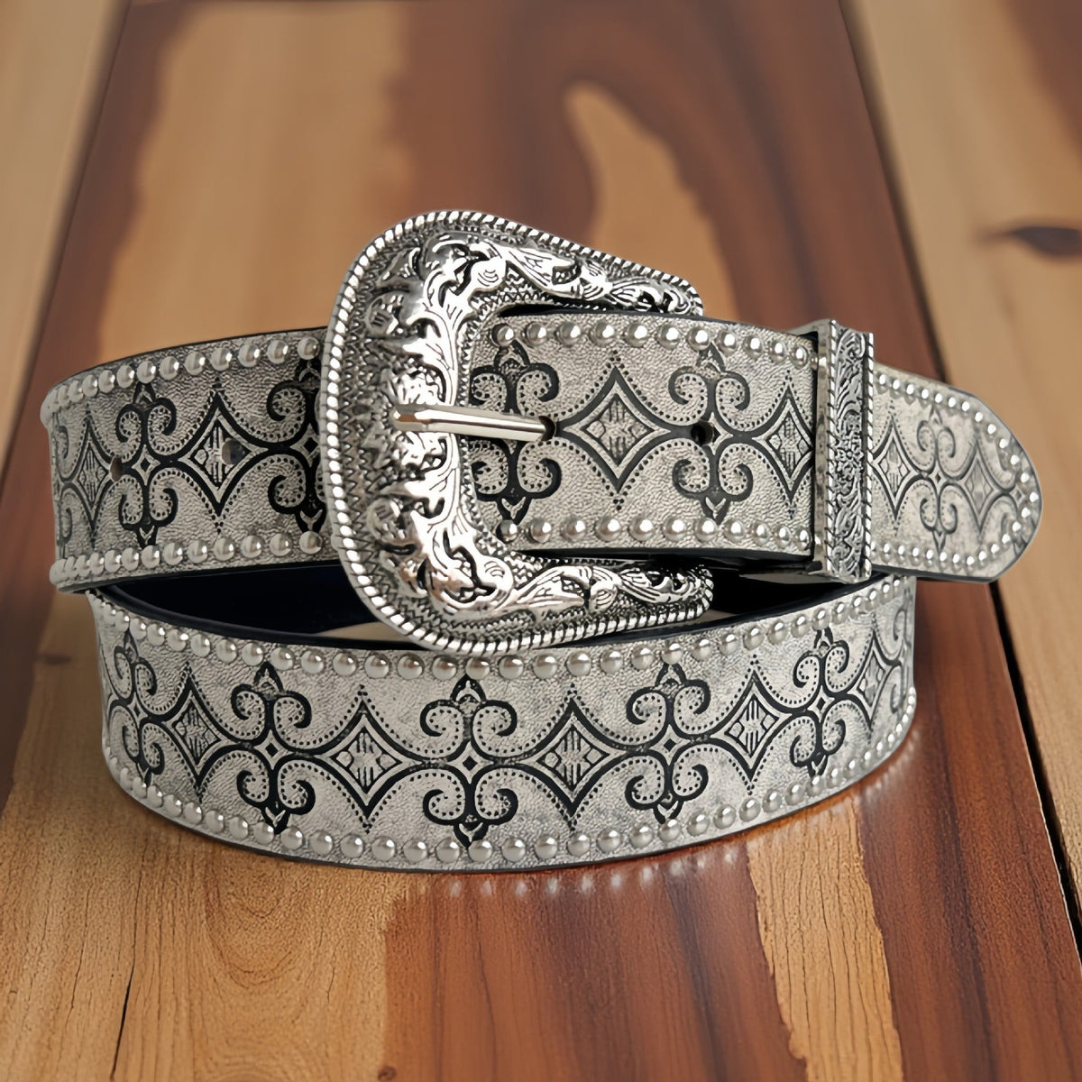 White Embossed Leather Retro Belt
