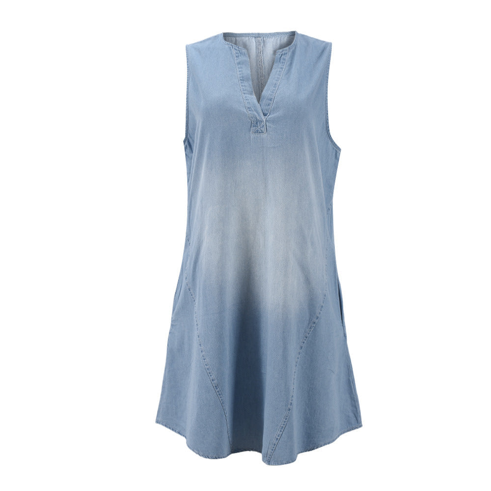 Denim Women opular Sleeveless Casual French V neck Loose Monkey Wash Dress Women