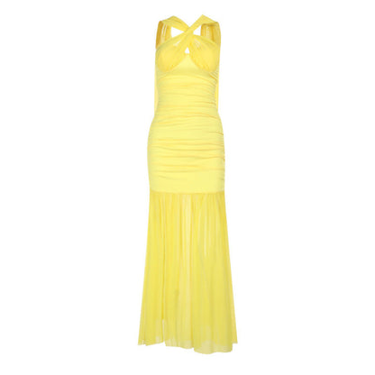 Halter Neck Keyhole Ruched High Split Pleated Maxi Dress