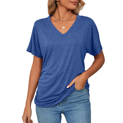 Summer Casual Pullover V Neck Solid Color Loose T Shirt Women Top