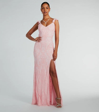 Sequin Lace Deep V-Neck Ruffle Strap High Split Maxi Gown