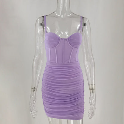 Mesh Panel Corset Sweetheart Spaghetti Strap Ruched Bodycon Mini Dress