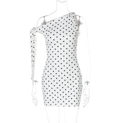 Polka Dot Boat Neck Asymmetric Shoulder Sash Bodycon Mini Dress
