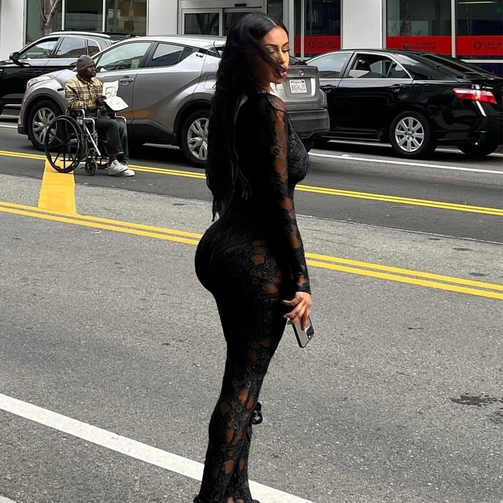 Summer Women Clothing U Neck Long-Sleeved Sexy Lace Stretch Jumpsuit Women
