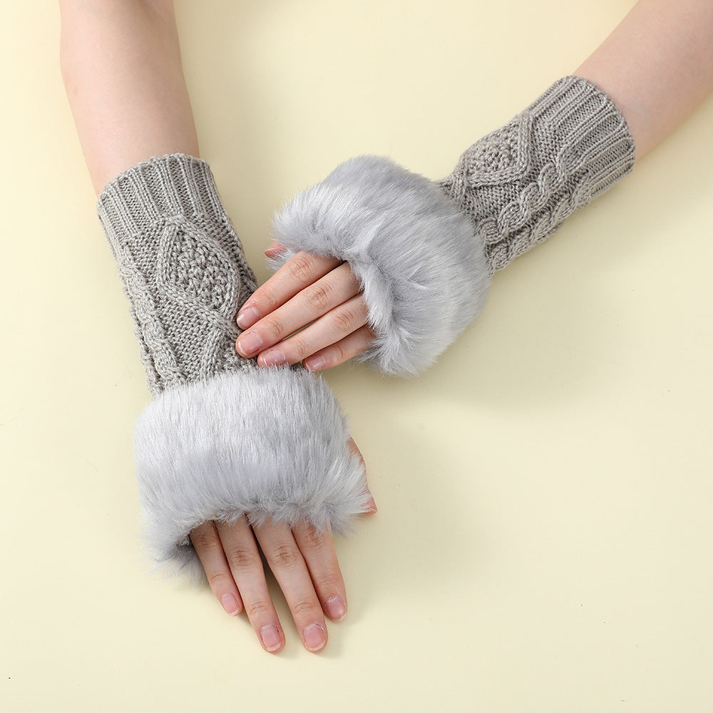 Faux Fur Knit Diamond Pattern Gloves