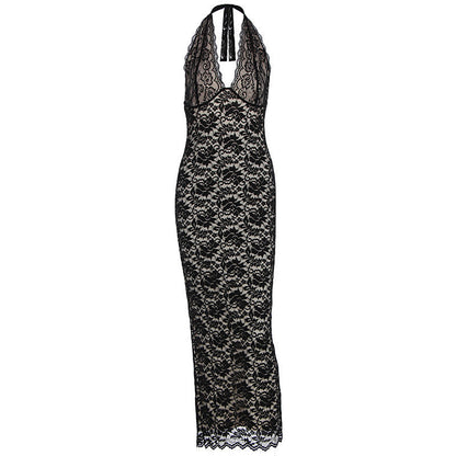 Lace Halter Neck Deep V-Neck Scalloped Trim Mermaid Maxi Dress