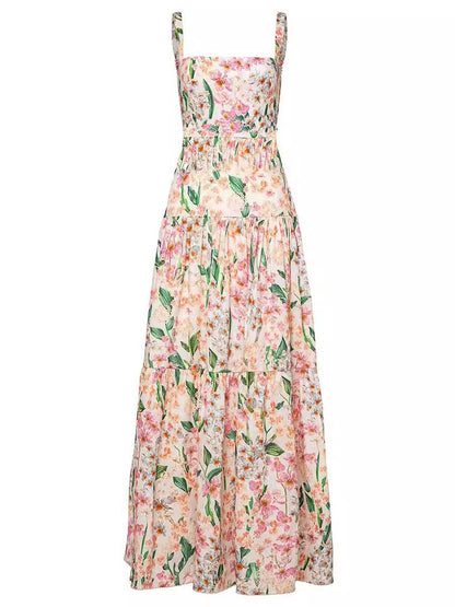 Square Neck Wide Strap Tiered Floral Print A-Line Maxi Dress