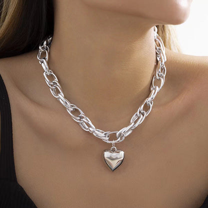 Hollow Out Chunky O Ring Heart Pendant Statement Necklace