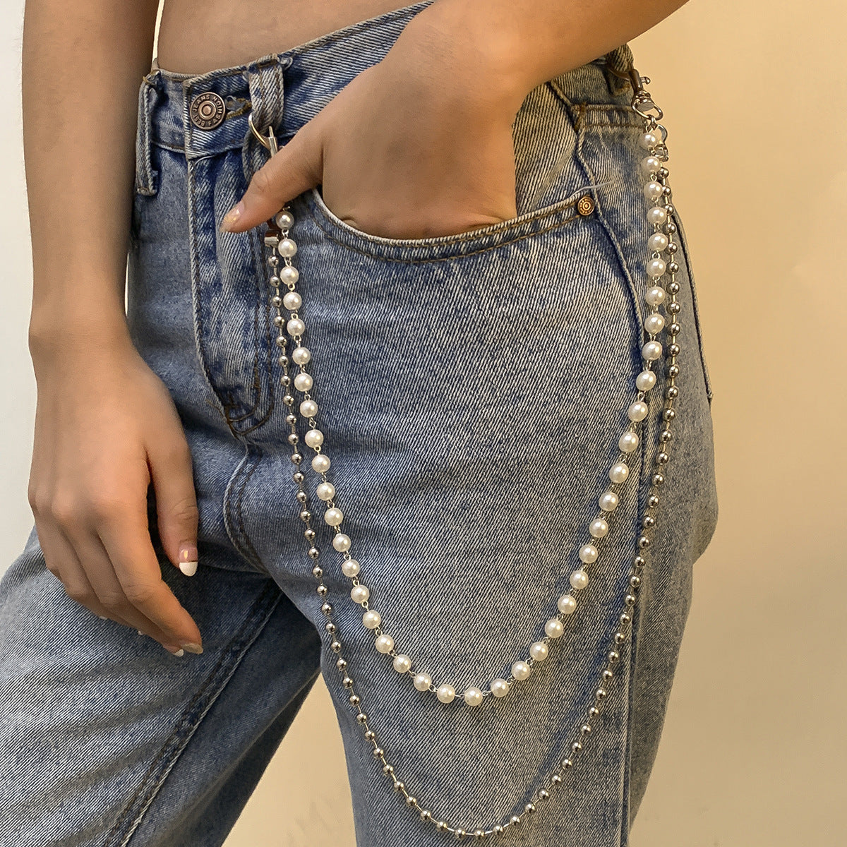 Double Layer Faux Pearl Metal Waist Chain