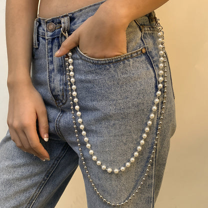 Double Layer Faux Pearl Metal Waist Chain
