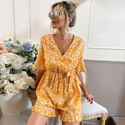 Summer Women Clothing Bell Sleeve V neck Lace up Printed Casual One Piece Women Romper