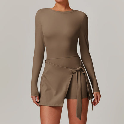 Faux Two Piece Anti Exposure Tight Sports Dress Sexy Slit Strap U Shaped Beauty Back Tennis Dress