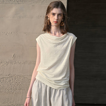 Hemp off-Shoulder Swing Collar Knitted Short Sleeved Summer Lightweight Slim Fit Top French Laziness Small Shirt T Women Clothing