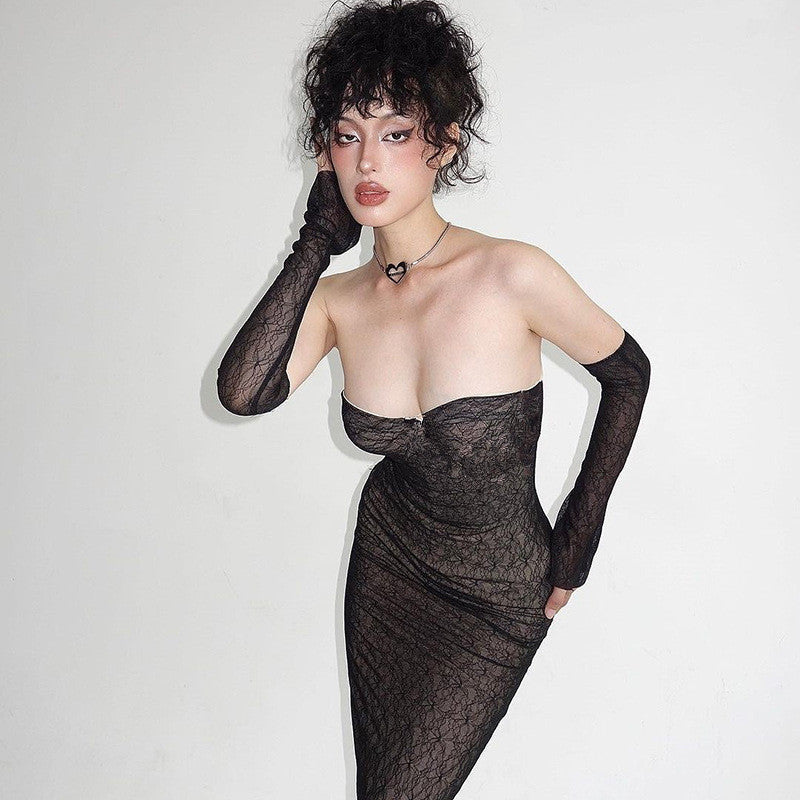 Summer Pure Sexy Lace Tube Top Hip Waist Controlled Sexy Dress with Oversleeves for Women
