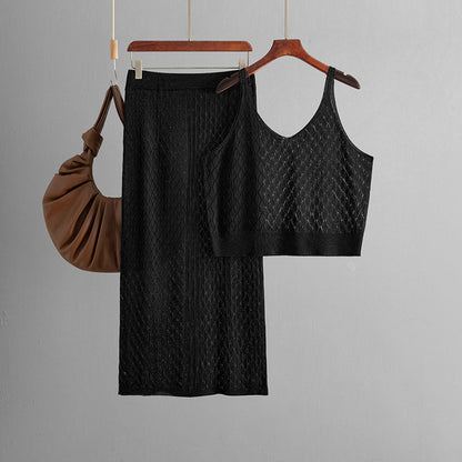 Summer Hollow Out Cutout out Short Spaghetti Straps Knitted Skirt Two Piece Set