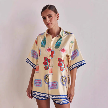 Summer Casual Homewear Cartoon Collared Cardigan Short Sleeve Shorts Sets
